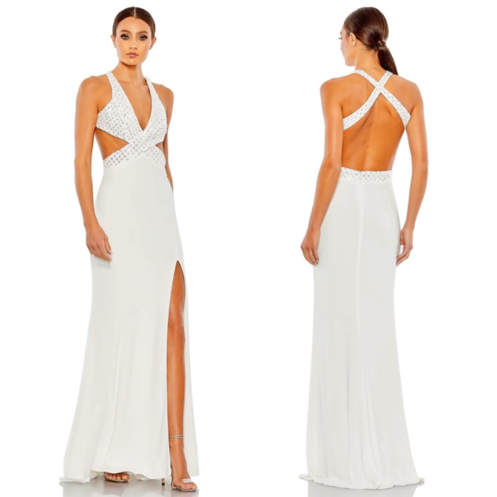 Mac Duggal Floral Sequined Criss Cross Bodice Gown Maxi Dress 68166 White Size 4